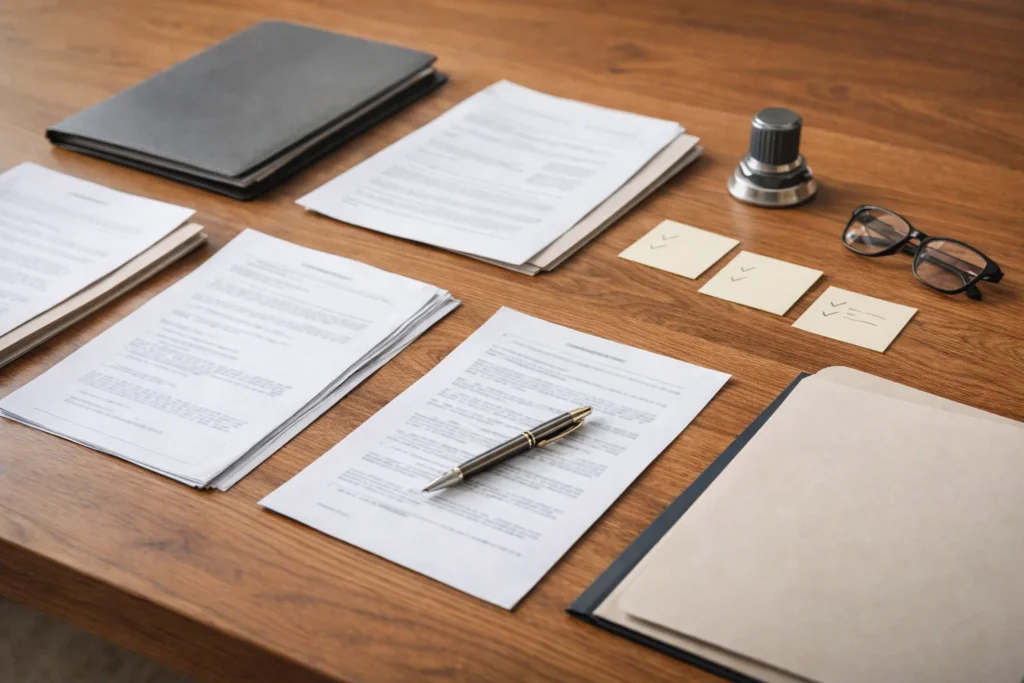 Organización de documentos necesarios para escriturar una compraventa de vivienda en notaría.