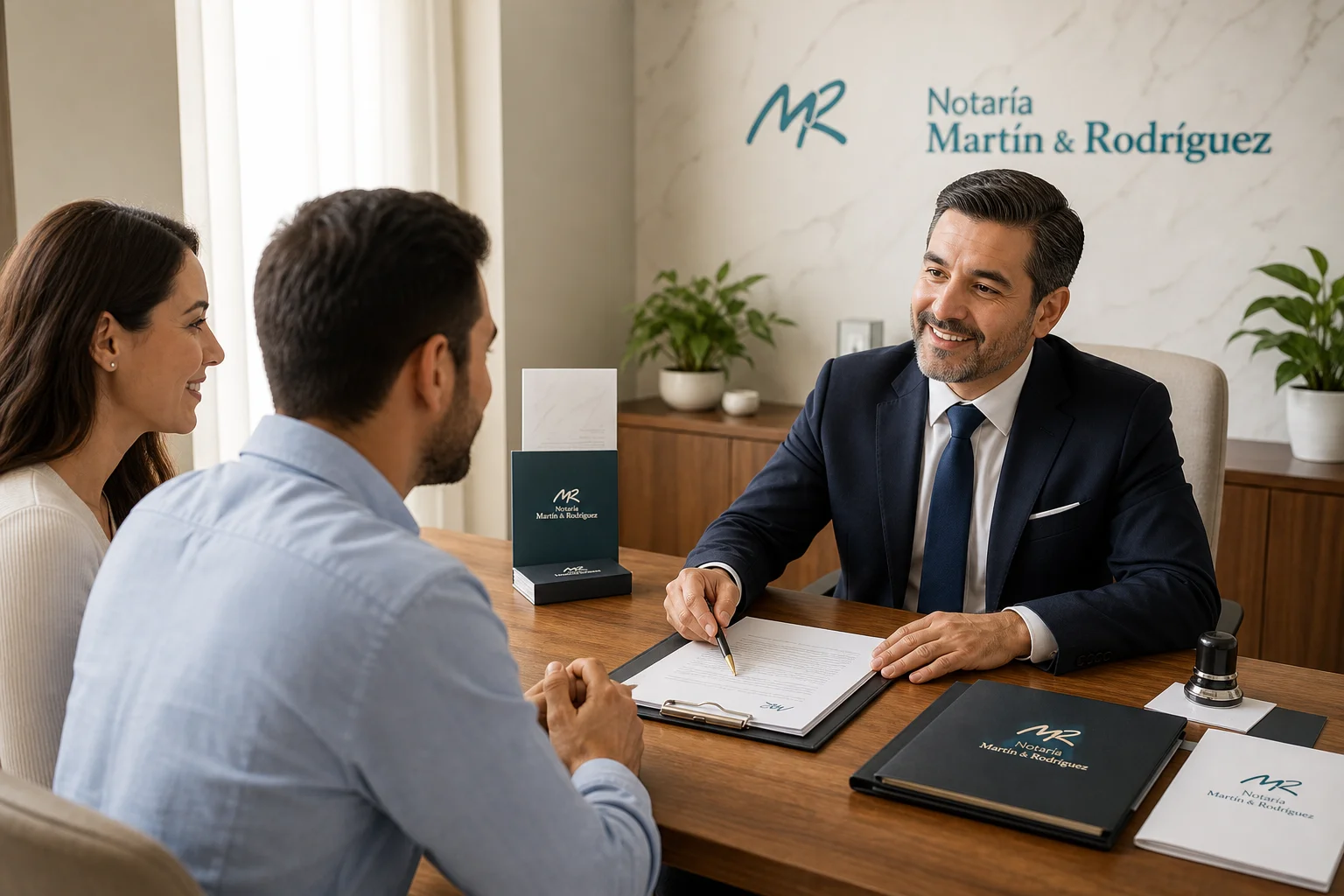 Notario explicando acta notarial hipotecaria a pareja en oficina profesional