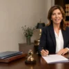 Notaria firmando documentación en un despacho profesional para ilustrar los poderes notariales preventivos.