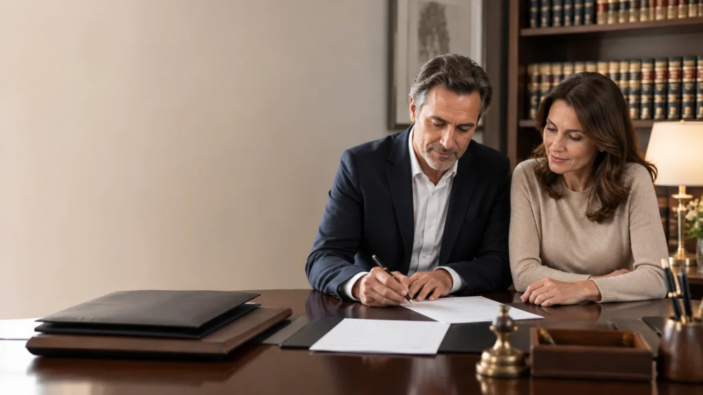 Clientes revisando y firmando documentos en una notaría para representar la planificación de poderes preventivos.