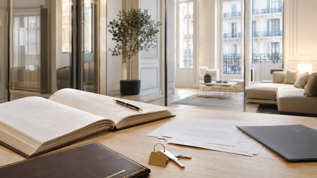 Documentación notarial y llaves de una vivienda sobre una mesa en un piso de Barcelona